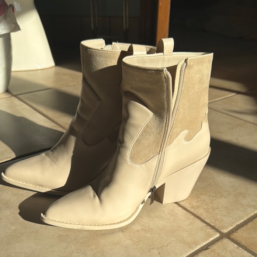 Cream Suede Western Ankle Boots